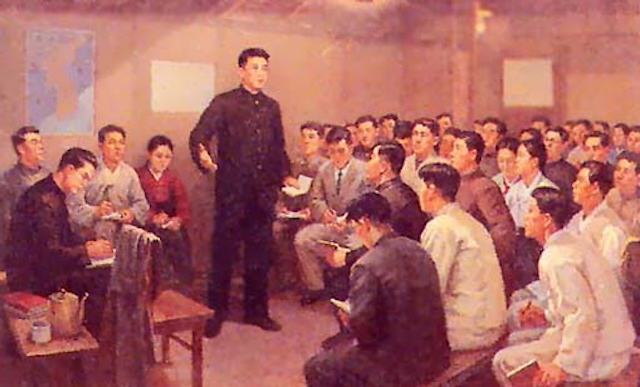 1930년 6월 30일 진명학교에서 진행된 카륜회의에서 '조선혁명의 진로'를 보고하는 김성주. 조선화.