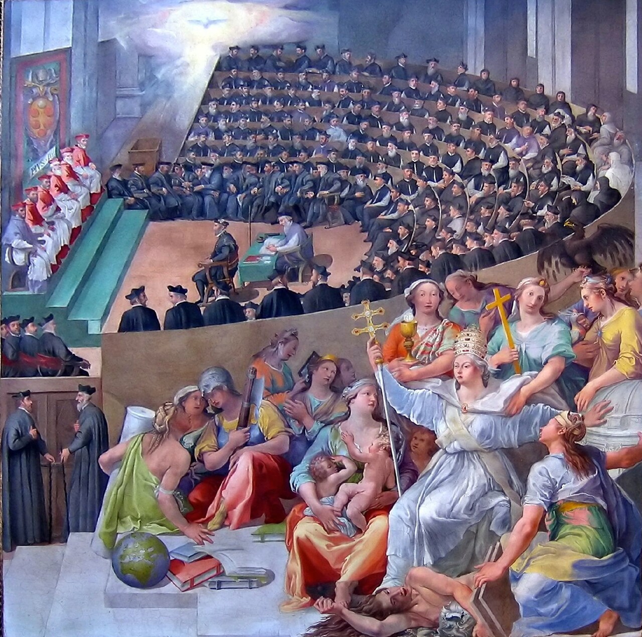 ▲ 파스칼레 카티(1550-1620), ⟪트렌트공의회⟫ (1588, 프레스코, 223.5×138.4cm) ⓒ산타마리아 인 트라스테베레 성당, 로마. 화면 앞에 교황의 의복을 갖춘 여성은 교리적 명료함과 전통을 상징하는 교회의 승리를 담고 있다.