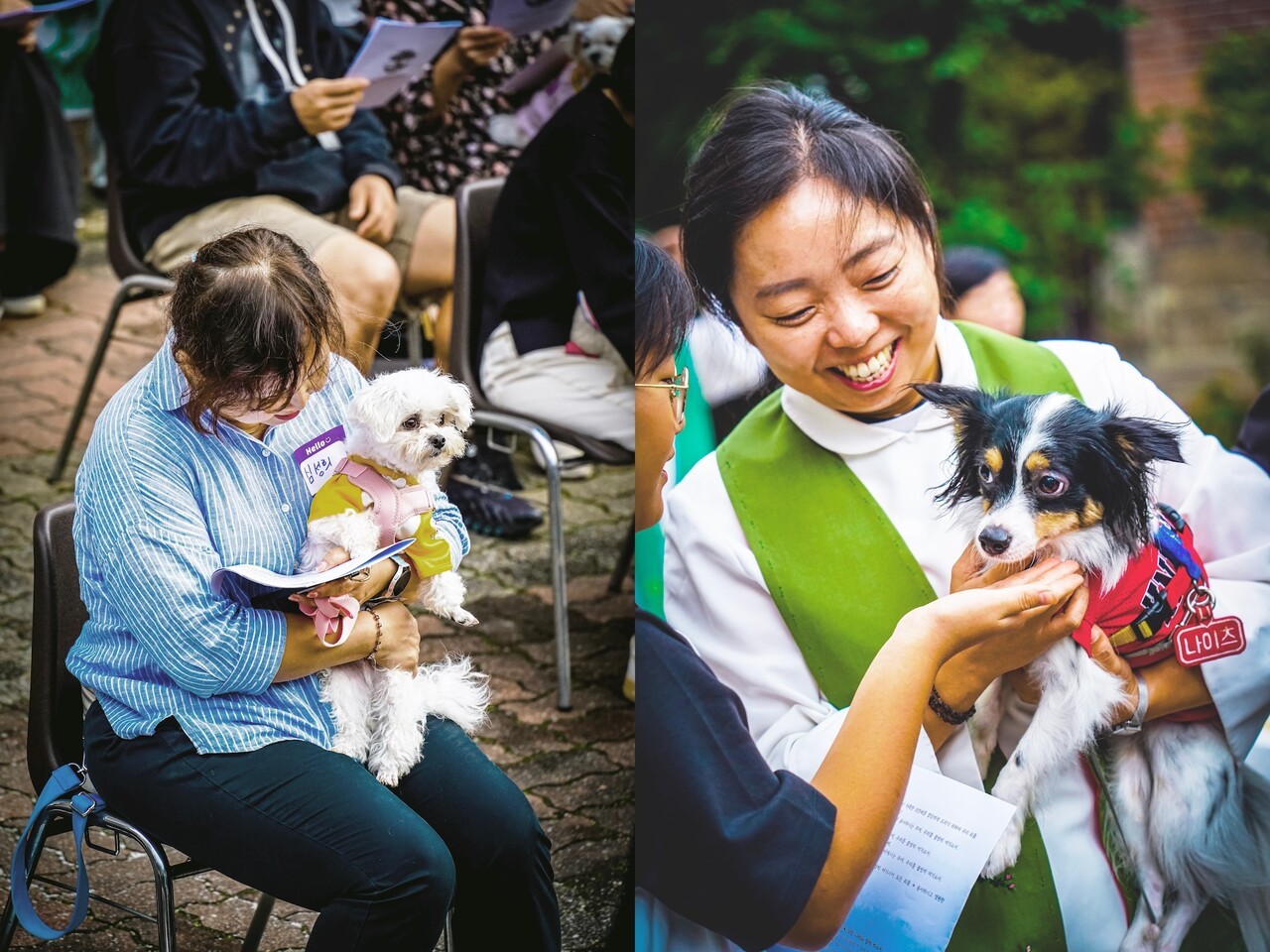 ▲ 반려동물 축복식에 자신 반려견과 함께 참석한 여성(사진 왼쪽)과 강하니 루시아 대한성공회 서울주교좌성당 보좌사제가 반려견을 축복하고 있다. ⓒ대한성공회 서울주교좌성당 홍보미디어위원회 제공
