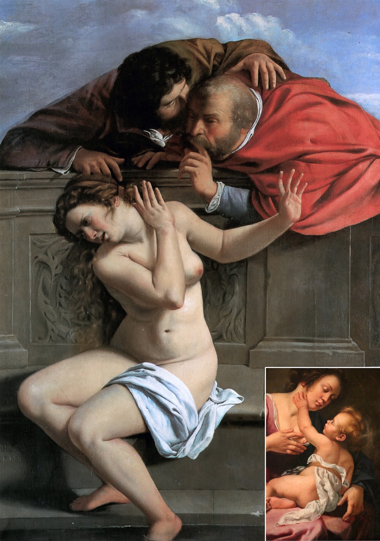 ▲ 아르테미시아 젠틸레스키(1593~1653), 《수산나와 두 장로》 (c1610, 캔버스에 유채, 170×119cm) ⓒ바이센슈타인 성, 포머스펠덴▲ 아르테미시아 젠틸레스키(1593~1653), 《모자상》 부분 (c1612, 캔버스에 유채, 116×86.5cm) ⓒ갤러리아 스파다, 로마